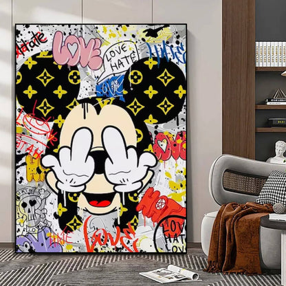 Room mockup showing mickey Mouse covering his eyes, with yellow symbols on black ears amid red, pink and yellow graffiti.