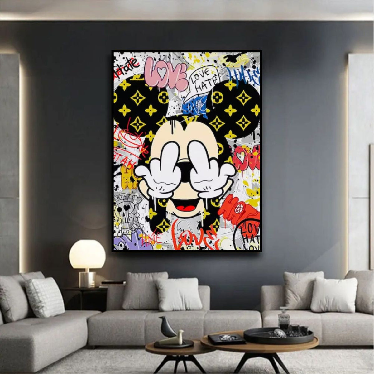 Room mockup showing mickey Mouse covering his eyes, with yellow symbols on black ears amid red, pink and yellow graffiti.