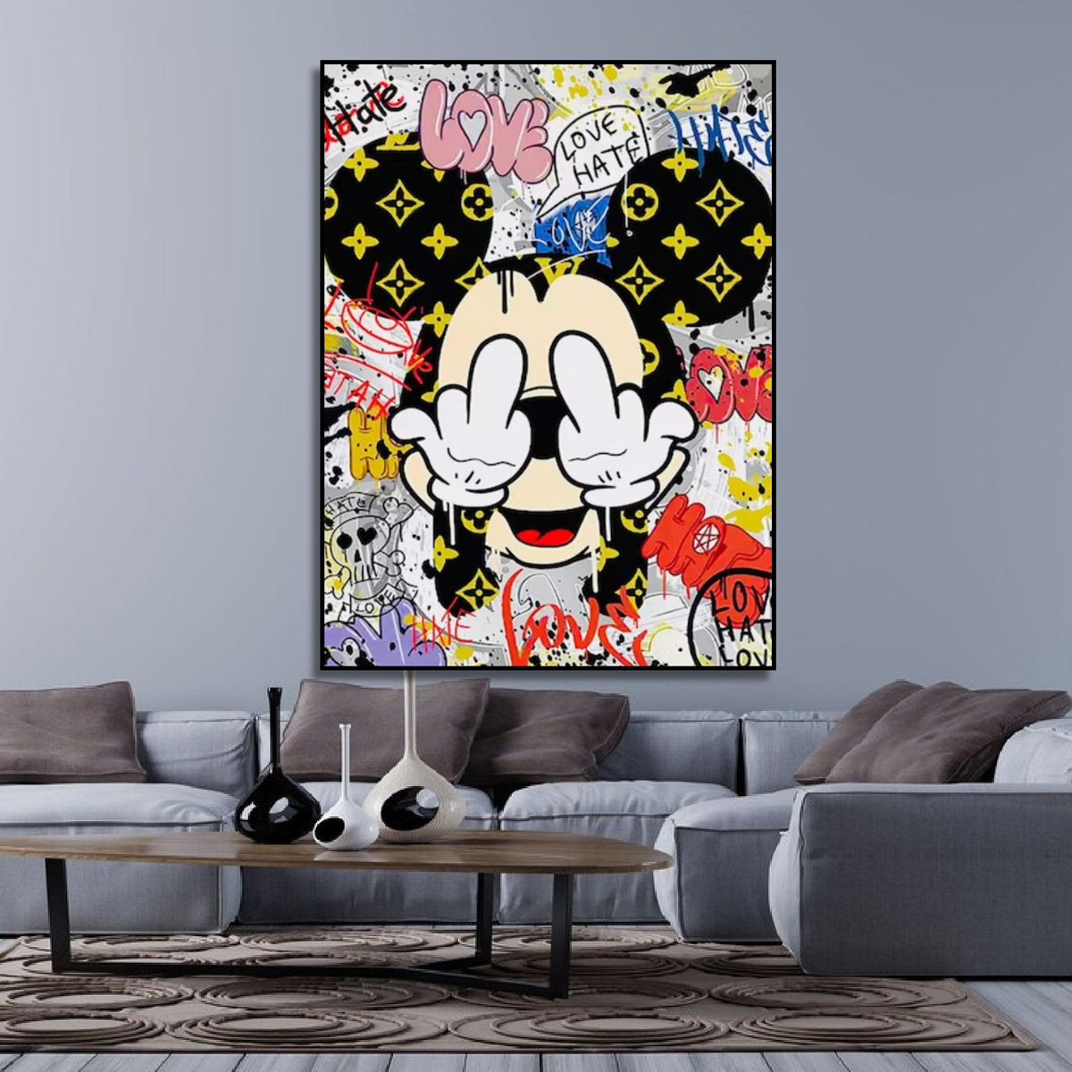 Room mockup showing mickey Mouse covering his eyes, with yellow symbols on black ears amid red, pink and yellow graffiti.