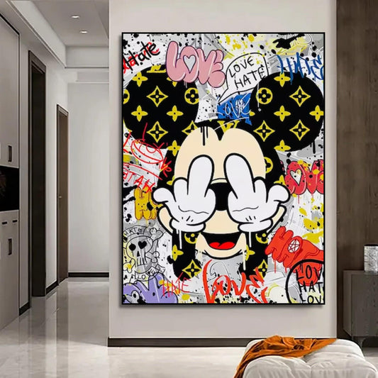 Room mockup showing mickey Mouse covering his eyes, with yellow symbols on black ears amid red, pink and yellow graffiti.