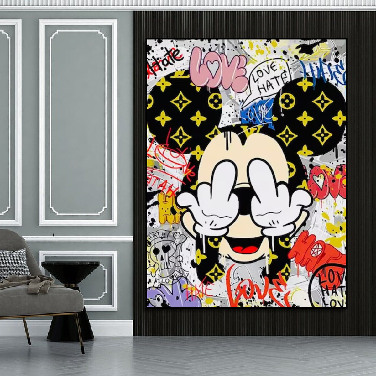 Room mockup showing mickey Mouse covering his eyes, with yellow symbols on black ears amid red, pink and yellow graffiti.