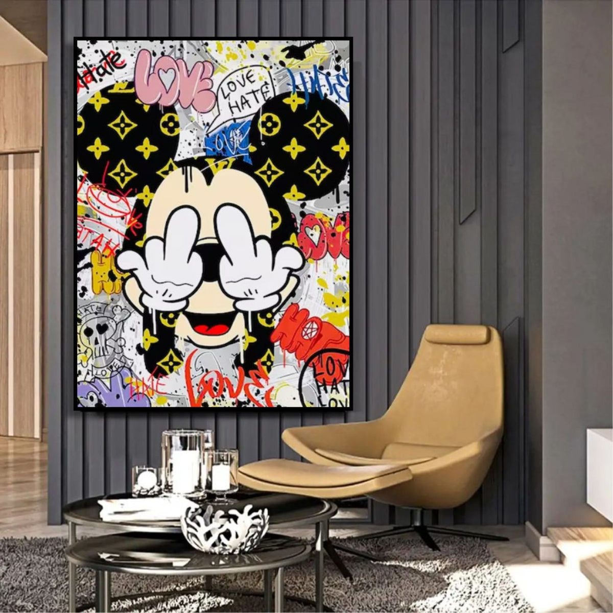 Room mockup showing mickey Mouse covering his eyes, with yellow symbols on black ears amid red, pink and yellow graffiti.