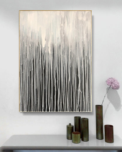 Minimalist Drip Abstract Wall Art – Black, White & Grey Hand-Painted Canvas