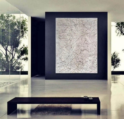 Minimalist Veined Marble Abstract Painting – Pale Grey Canvas Art with Fine Line Texture