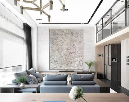 Minimalist Veined Marble Abstract Painting – Pale Grey Canvas Art with Fine Line Texture