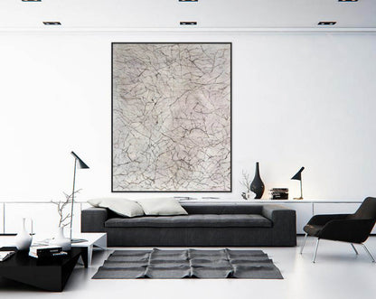 Minimalist Veined Marble Abstract Painting – Pale Grey Canvas Art with Fine Line Texture