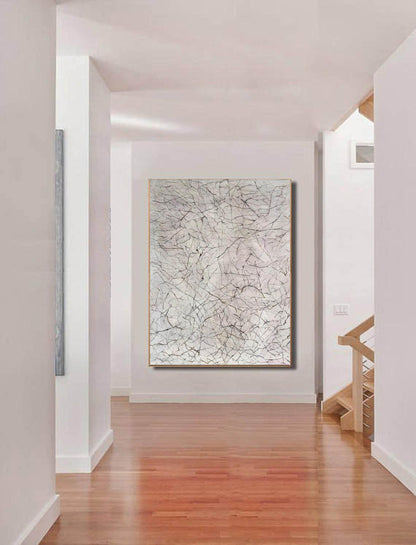 Minimalist Veined Marble Abstract Painting – Pale Grey Canvas Art with Fine Line Texture
