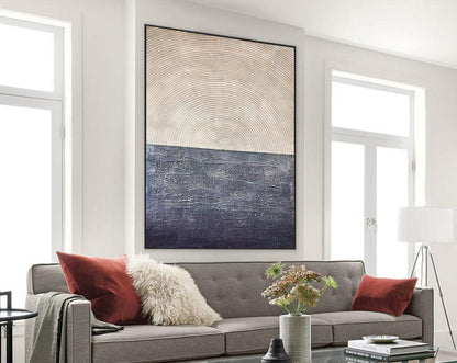 Minimalist Sunrise Over Sea Textured Painting – Navy and Beige Abstract Canvas Wall Art