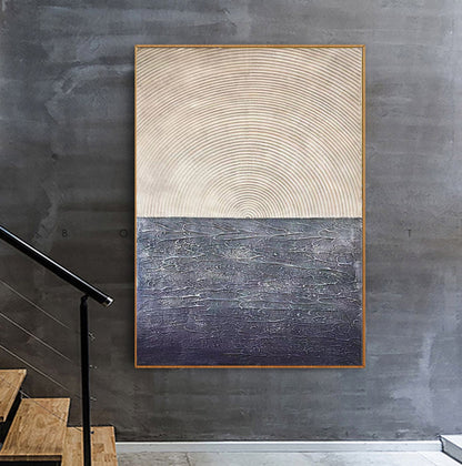 Minimalist Sunrise Over Sea Textured Painting – Navy and Beige Abstract Canvas Wall Art
