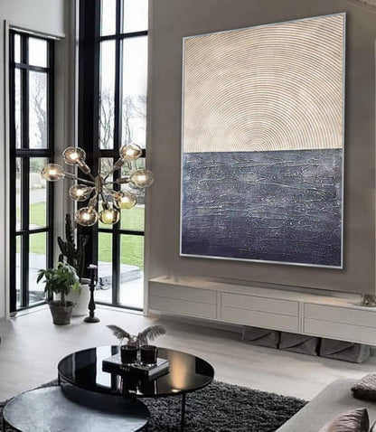 Minimalist Sunrise Over Sea Textured Painting – Navy and Beige Abstract Canvas Wall Art