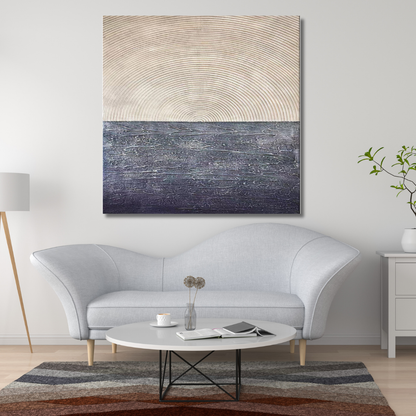 Minimalist Sunrise Over Sea Textured Painting – Navy and Beige Abstract Canvas Wall Art