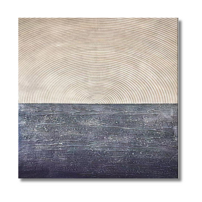 Minimalist Sunrise Over Sea Textured Painting – Navy and Beige Abstract Canvas Wall Art
