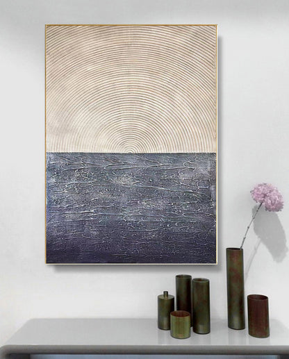 Minimalist Sunrise Over Sea Textured Painting – Navy and Beige Abstract Canvas Wall Art