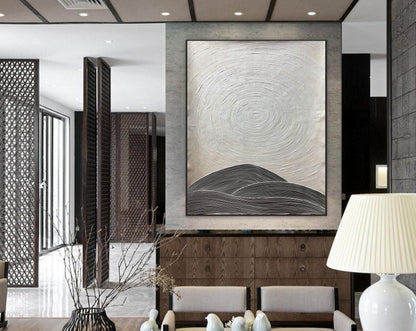 Minimalist Ripple Texture Landscape – Black & White Abstract Wall Art on Canvas