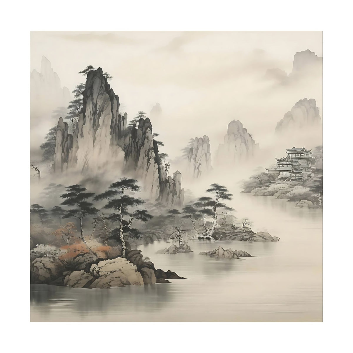 Hand-painted canvas featuring misty mountain peaks, pine trees and a distant temple in muted ink-style tones.