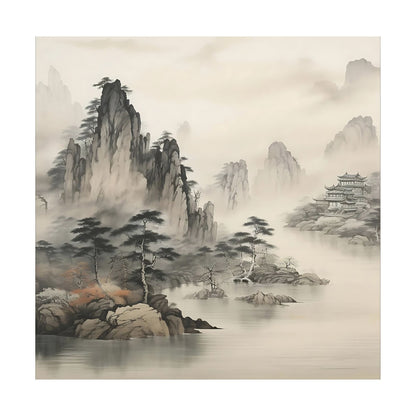 Hand-painted canvas featuring misty mountain peaks, pine trees and a distant temple in muted ink-style tones.