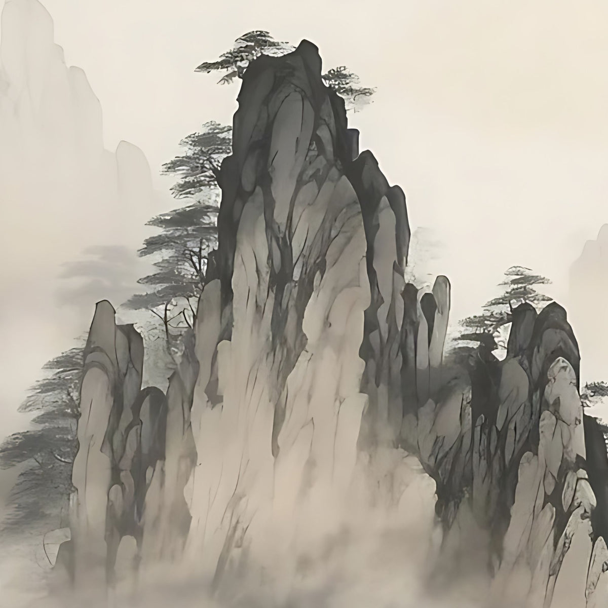 Hand-painted canvas featuring misty mountain peaks, pine trees and a distant temple in muted ink-style tones.