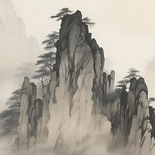 Hand-painted canvas featuring misty mountain peaks, pine trees and a distant temple in muted ink-style tones.