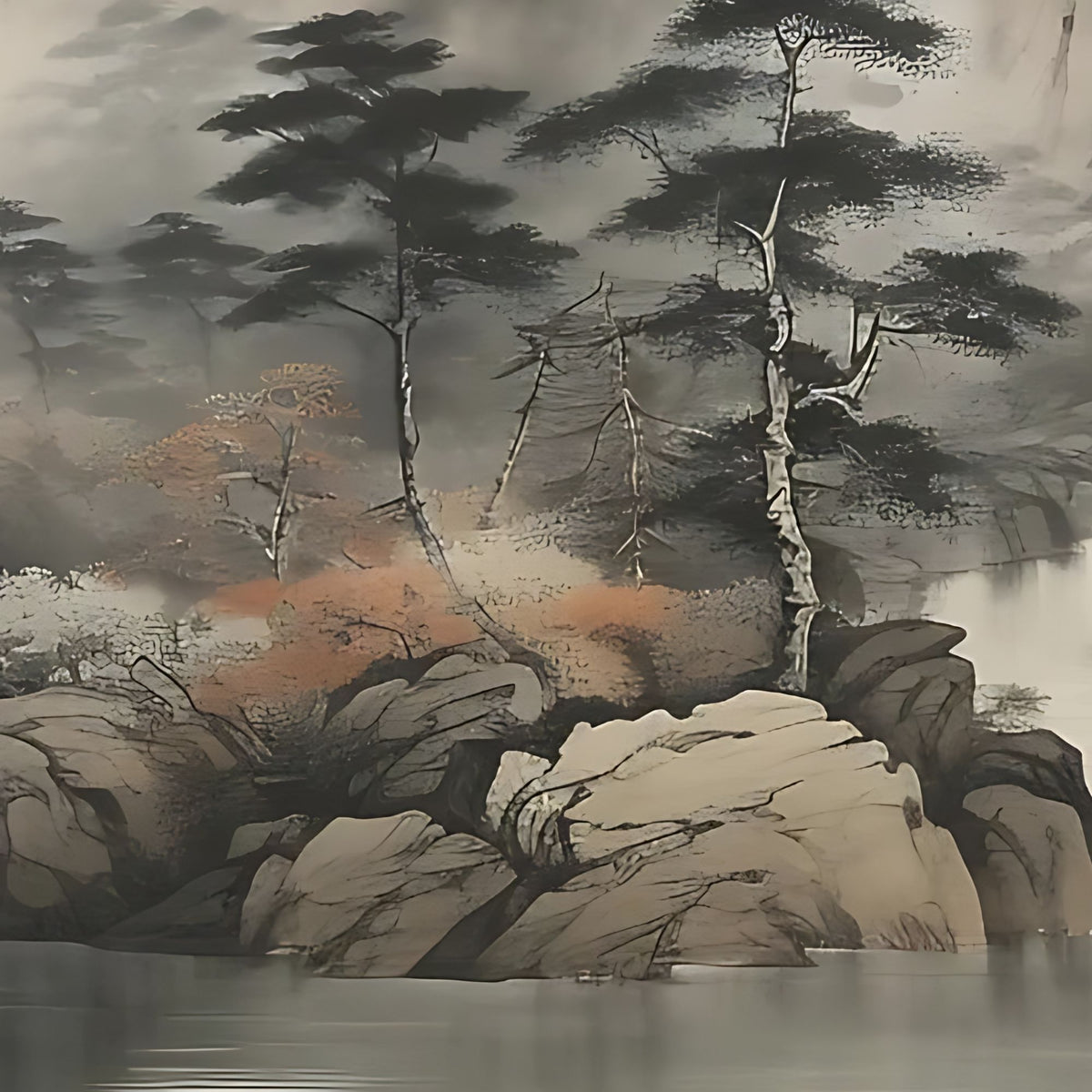 Hand-painted canvas featuring misty mountain peaks, pine trees and a distant temple in muted ink-style tones.