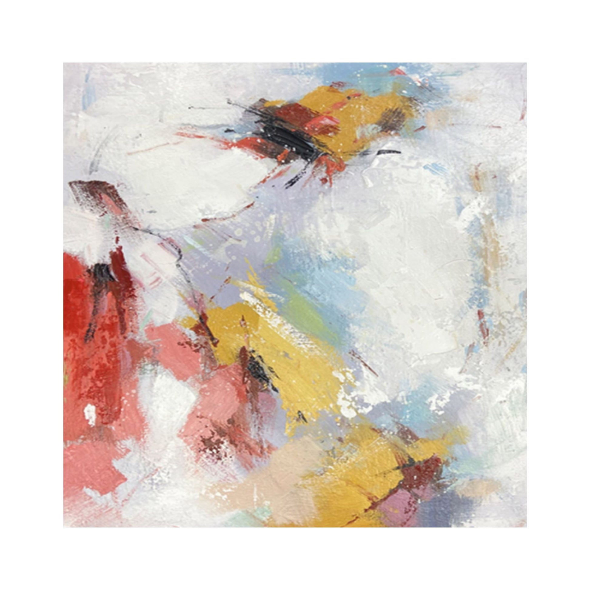 Hand-painted modern abstract expressionist canvas in red, yellow, and pastel tones