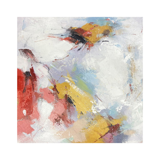 Hand-painted modern abstract expressionist canvas in red, yellow, and pastel tones