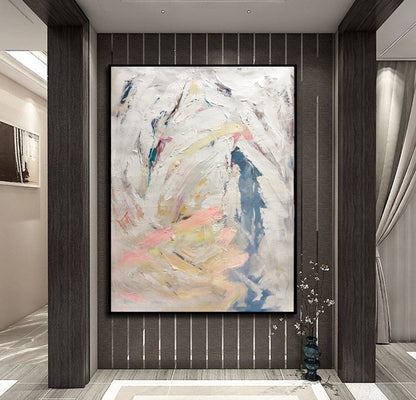 Textured Abstract Impasto Painting – Beige, Pink & Dusty Blue Modern Canvas Art