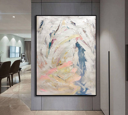 Textured Abstract Impasto Painting – Beige, Pink & Dusty Blue Modern Canvas Art