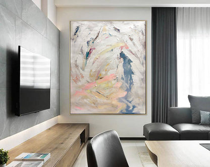 Textured Abstract Impasto Painting – Beige, Pink & Dusty Blue Modern Canvas Art
