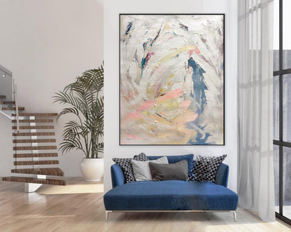 Textured Abstract Impasto Painting – Beige, Pink & Dusty Blue Modern Canvas Art