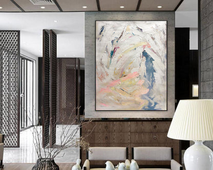 Textured Abstract Impasto Painting – Beige, Pink & Dusty Blue Modern Canvas Art