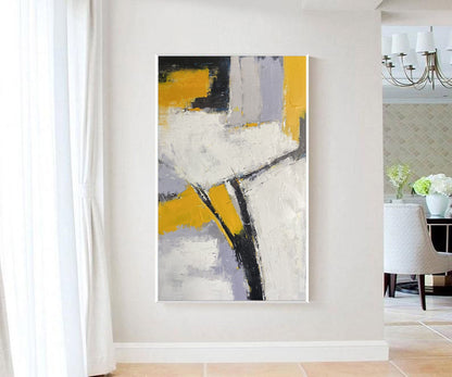 Bold Yellow & White Abstract Geometric Painting – Textured Modern Canvas Art