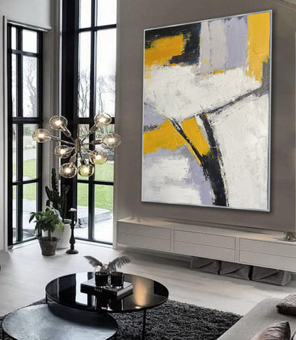 Bold Yellow & White Abstract Geometric Painting – Textured Modern Canvas Art