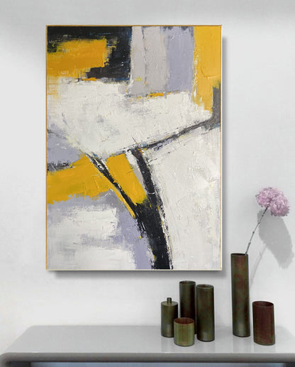 Bold Yellow & White Abstract Geometric Painting – Textured Modern Canvas Art