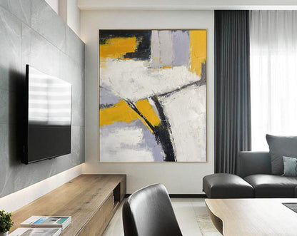 Bold Yellow & White Abstract Geometric Painting – Textured Modern Canvas Art