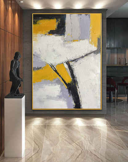Bold Yellow & White Abstract Geometric Painting – Textured Modern Canvas Art
