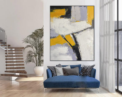 Bold Yellow & White Abstract Geometric Painting – Textured Modern Canvas Art