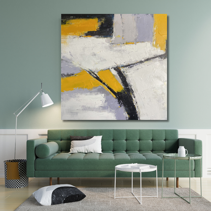 Bold Yellow & White Abstract Geometric Painting – Textured Modern Canvas Art