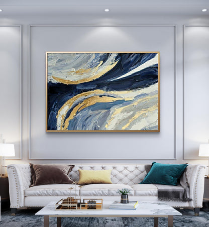 Modern Blue and Gold Abstract Painting Luxurious Living Room Decor