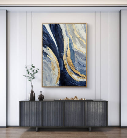 Modern Blue and Gold Abstract Painting Luxurious Living Room Decor