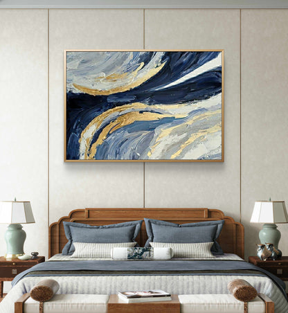 Modern Blue and Gold Abstract Painting Luxurious Living Room Decor