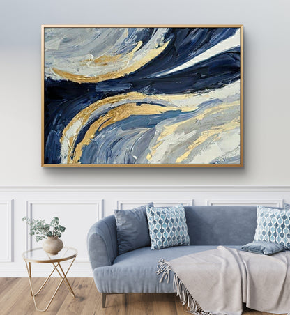 Modern Blue and Gold Abstract Painting Luxurious Living Room Decor
