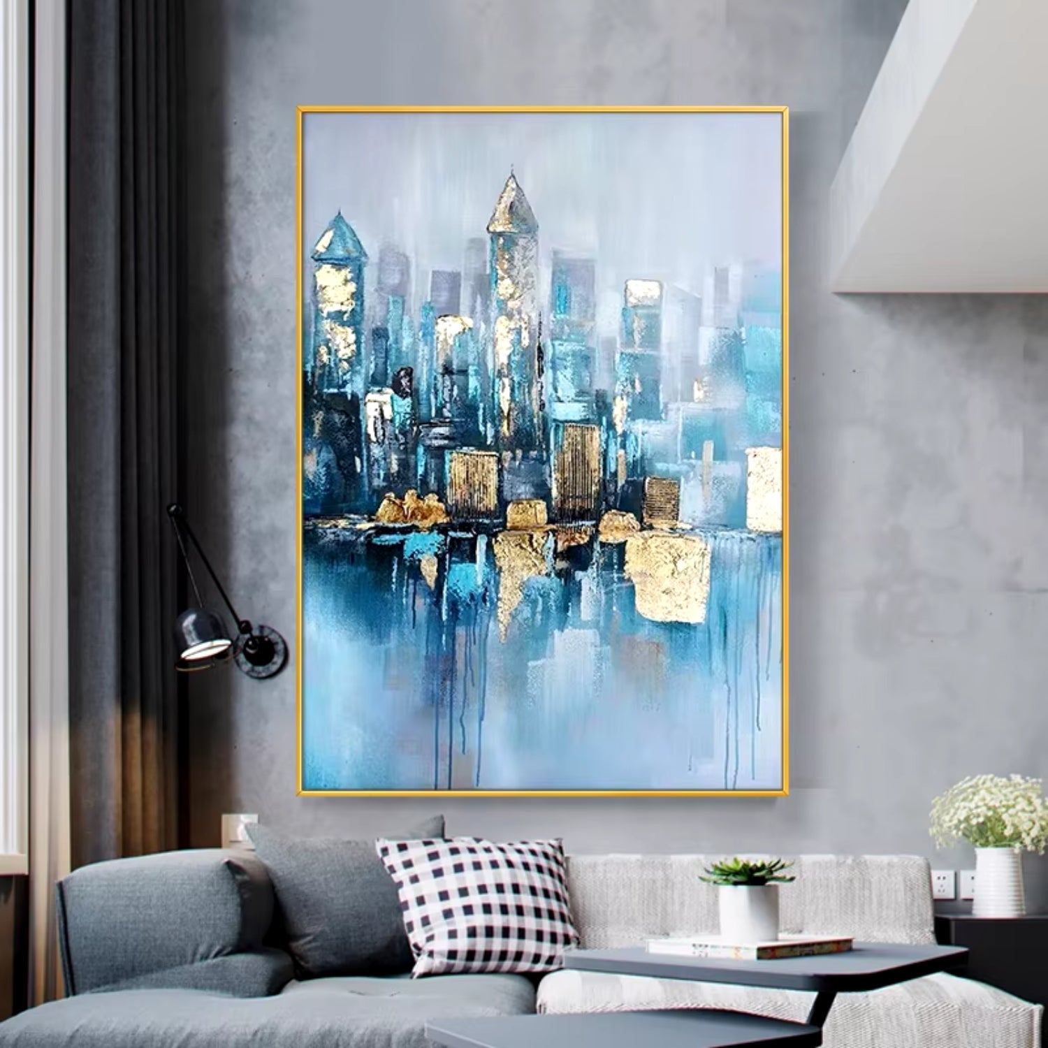 Modern City Gold Leaf Luxury Abstract Oil Painting