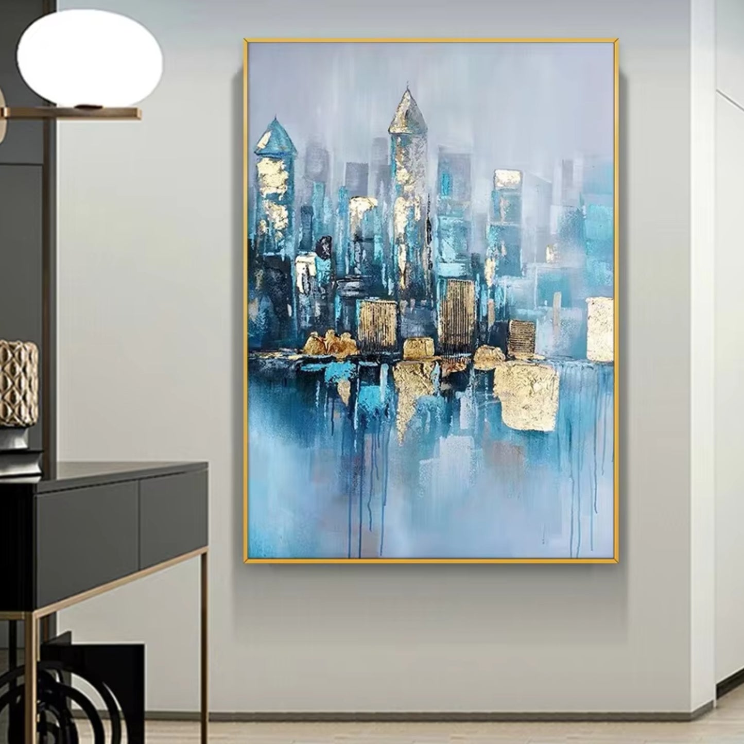 Modern City Gold Leaf Luxury Abstract Oil Painting