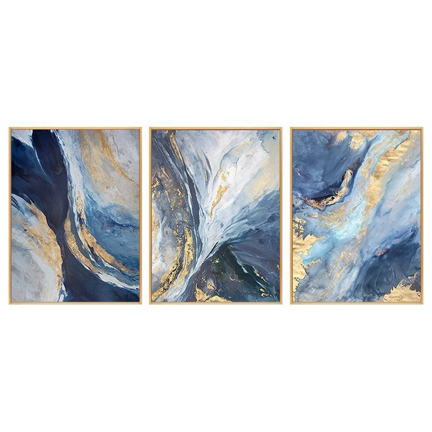 Modern Custom Blue Gold Abstract Set of 3 Hanging Wall Art