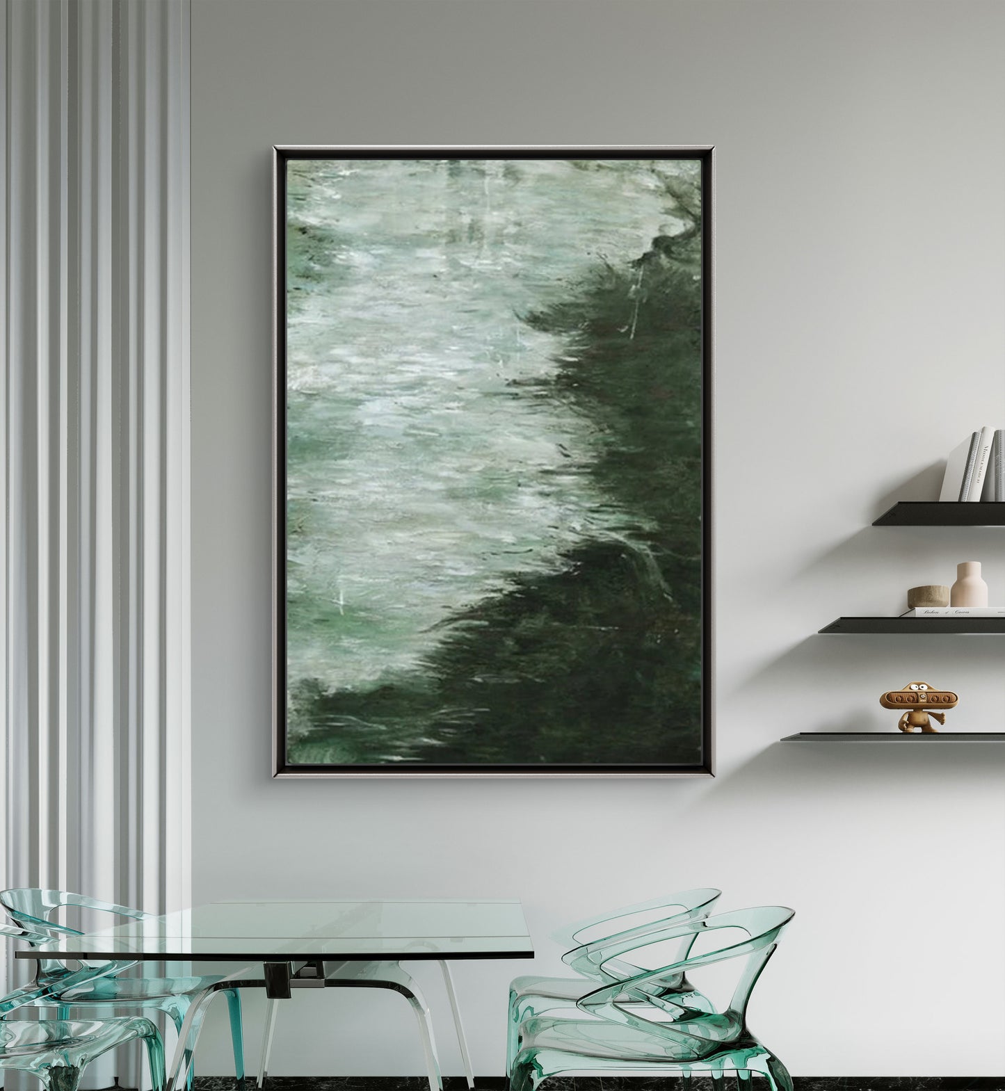 Pittura a olio moderna del fiume in stile nordico verde scuro 