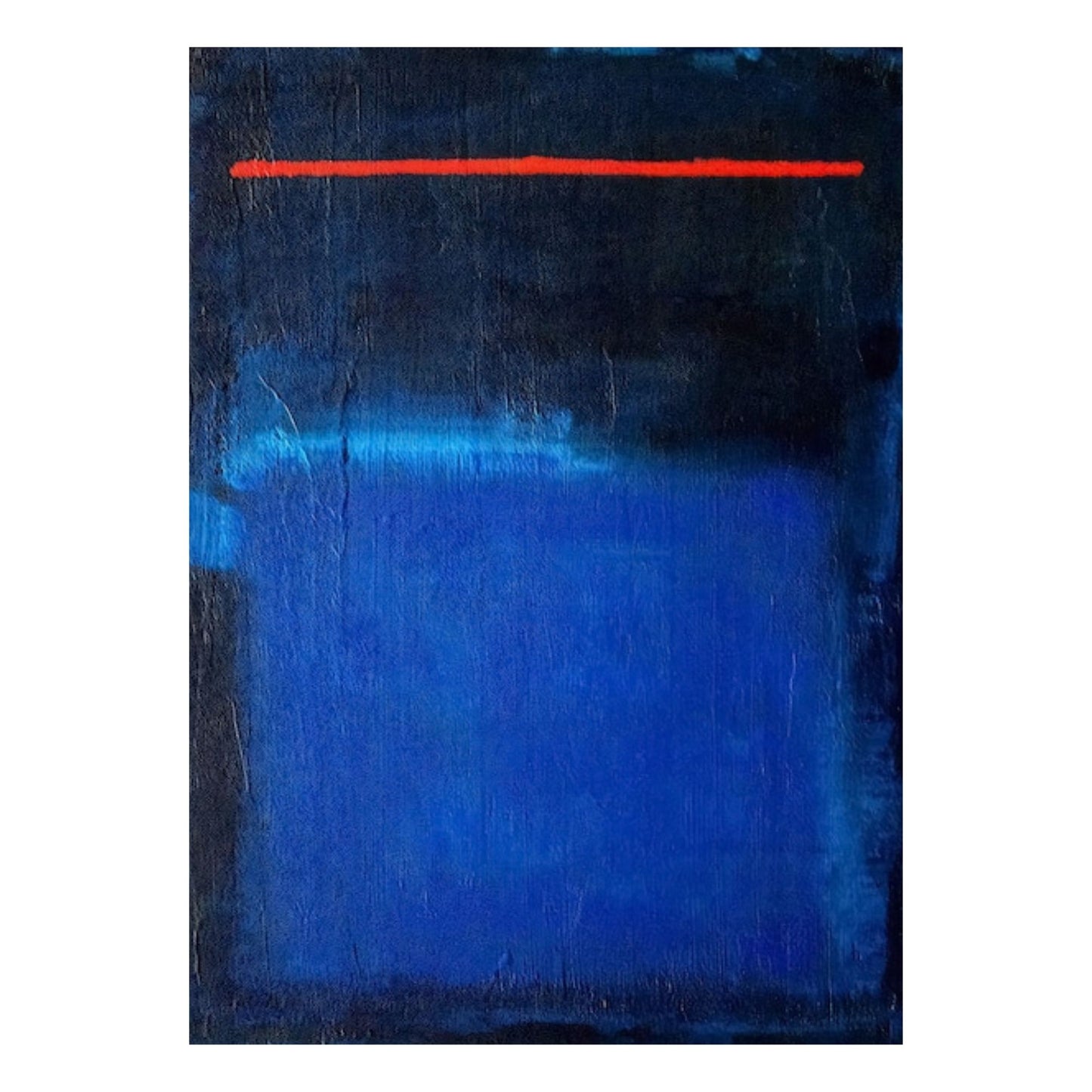 Abstract art piece with a red line on a blue and black background