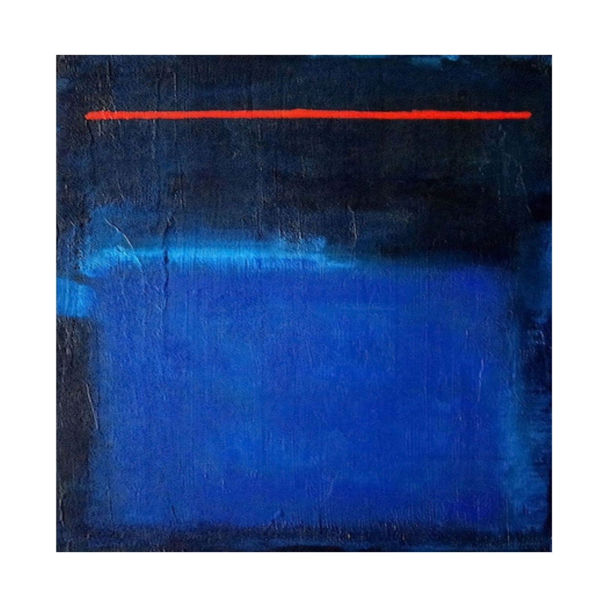 Abstract art piece with a red line on a blue and black background
