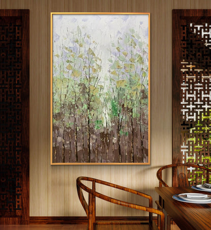 Hand-Painted Abstract Forest Canvas – Green & White Textured Landscape Wall Art