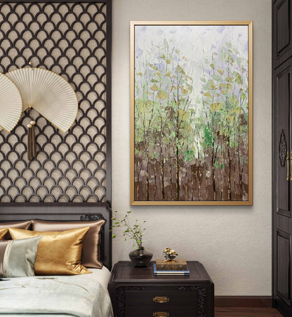 Hand-Painted Abstract Forest Canvas – Green & White Textured Landscape Wall Art