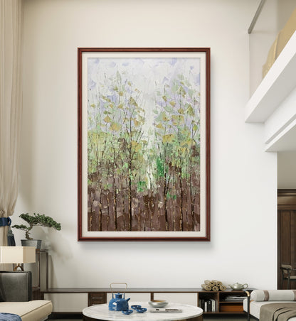 Hand-Painted Abstract Forest Canvas – Green & White Textured Landscape Wall Art